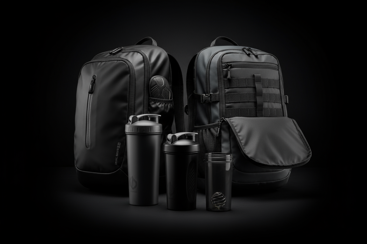 BLACK BACKGROUND OF PROTEIN SHAKERS AND BACKPACKS